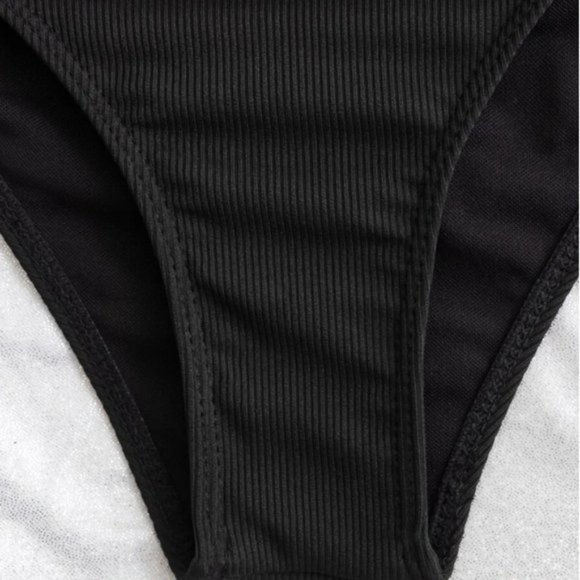 Ribbed Leopard Trim Bandeau High Waisted Bikini Swimsuit. - Picture 6 of 7